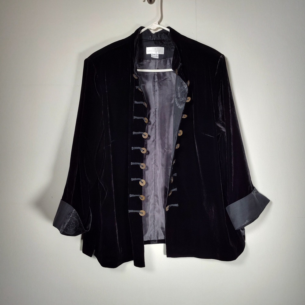 Soft Surroundings Black 100% Silk Velvet Mandarin Coin Military Jacket 1XL